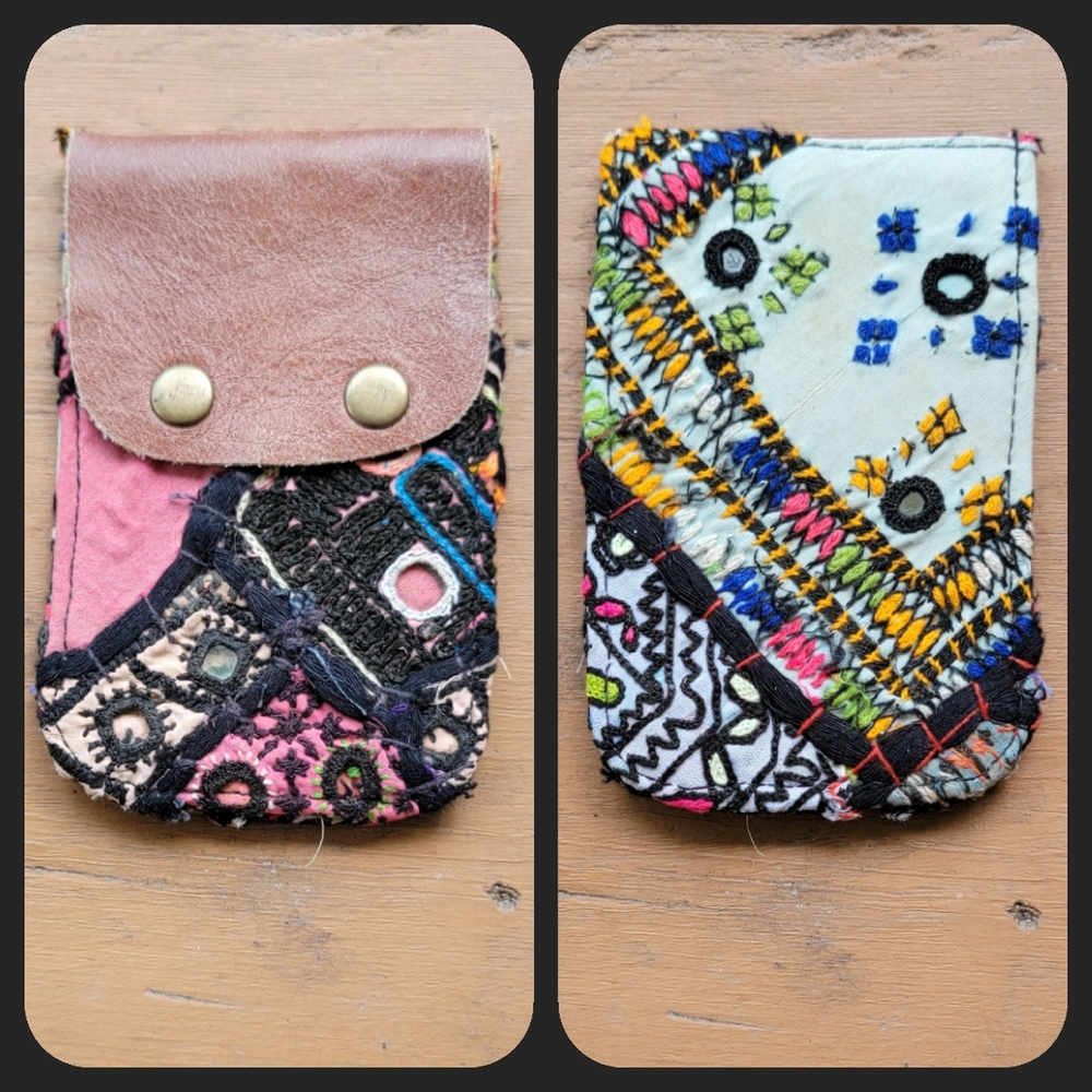 🕺🥂 Free People Boho Embroidered Repurposed vtg banjara hippie Wallet card case